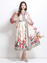 Retro Palace Printed V-neck Lantern Long Sleeve Dress