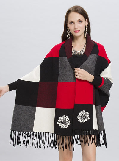 Plaid Fringed Knit Cardigan Shawl Coat