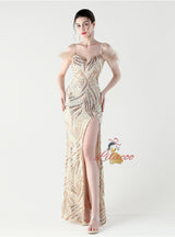 Memraid Sequins Spaghetti Straps Feather Split Prom Dress