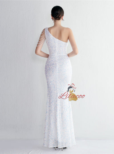 One Shoulder Sequins Beading Split Prom Dress