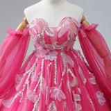 Fuchsia Long Sleeve Sequins Appliques Prom Dress