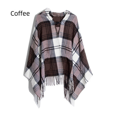 Checked Horn Buckle Hooded Shawl Cloak