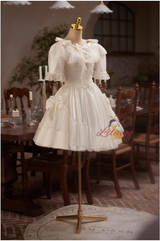 White Satin Lace Short Sleeve Bow Homecoming Dress