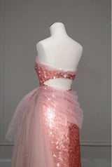 Pink Mermaid Sequins Strapless Prom Dress