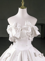 White Satin Strapless Bow Wedding Dress