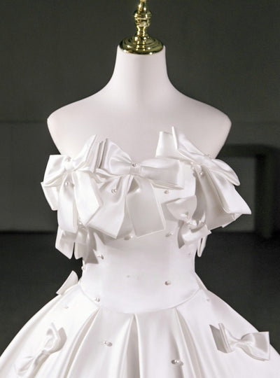 White Satin Strapless Bow Wedding Dress
