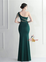 Green One Shoulder Beading Split Prom Dress