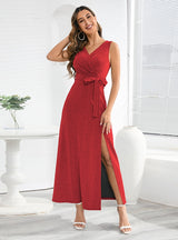 Sleeveless V-neck Shiny Split Dress