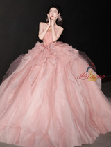 Vintage Pink Tulle Strapless Wedding Dress