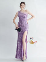 Women One Shoulder Sequins Split Prom Dress