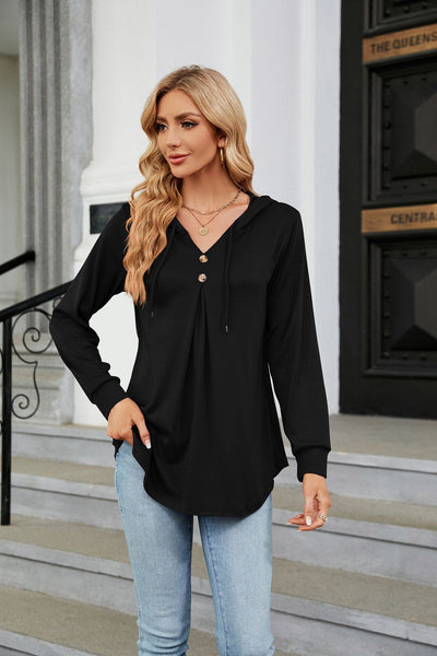 V-neck Button Hooded Loose Long Sleeve Top