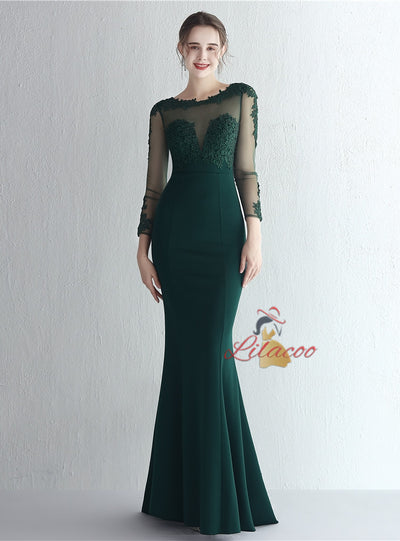 Long Sleeve Mermaid Appliques Prom Dress