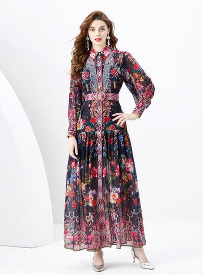 Palace Lapel Lantern Sleeve Long Retro Print Dress