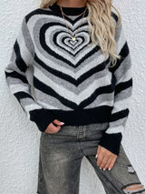 Striped Heart Round Neck Pullover Sweater