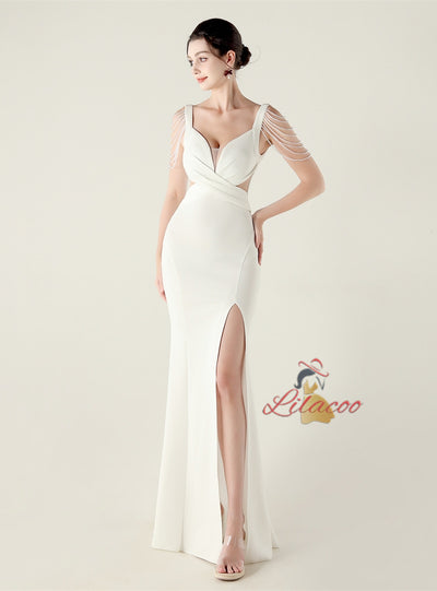 Mermaid Split Straps Pleats Beading Prom Dress