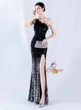 One Shoulder Sequins Feather Prom Dress