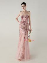 Sequins Tulle Strapless Beading Prom Dress