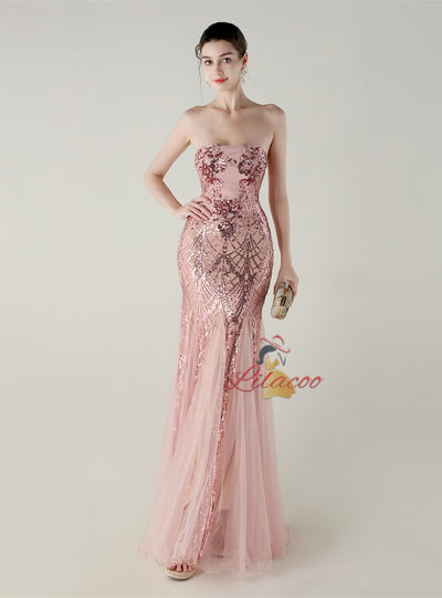 Sequins Tulle Strapless Beading Prom Dress