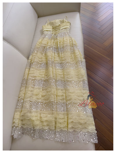 Yellow Lace Sequins Long Prom Dress