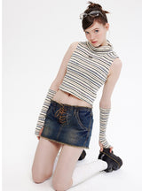 High-necked Sleeveless Striped Knitted Vest