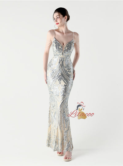 Mermaid Sequins Spaghetti Straps Beading Prom Dress