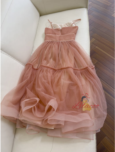 Orange Pink Tulle Pleats Straps Prom Dress