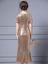 Burgundy Sequins Short Sleeve Mother Of The Bride Dress