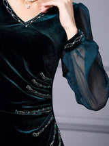 Green Velvet Pleats Beading Mother Of The Bride Dress