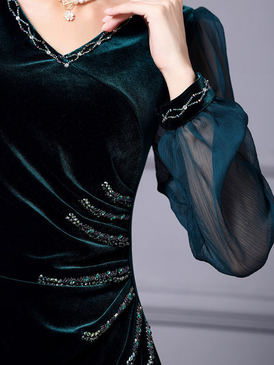 Green Velvet Pleats Beading Mother Of The Bride Dress