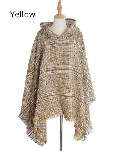 Shaggy Plaid Hooded Cloak Shawl