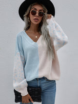 Loose V-neck Splicing Leopard Print Pullover Sweater