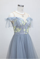 Gray Tulle Lace Pearls Prom Dress