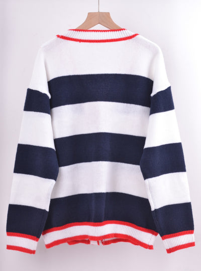 Button V-neck Stitching Loose Sweater