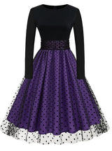 Long Sleeve Mesh Stitching Retro Dress