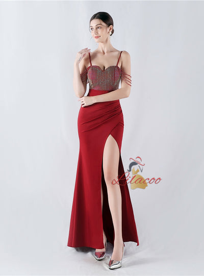 Mermaid Spaghetti Straps Beading Split Prom Dress