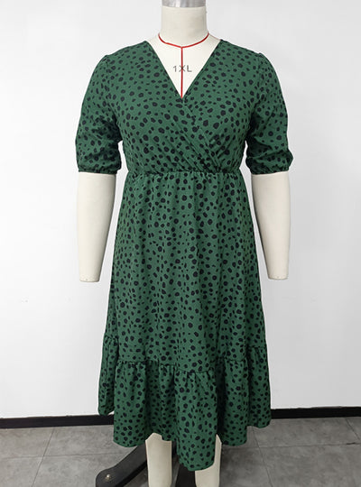 Ruffled V-neck Mid-length Dress