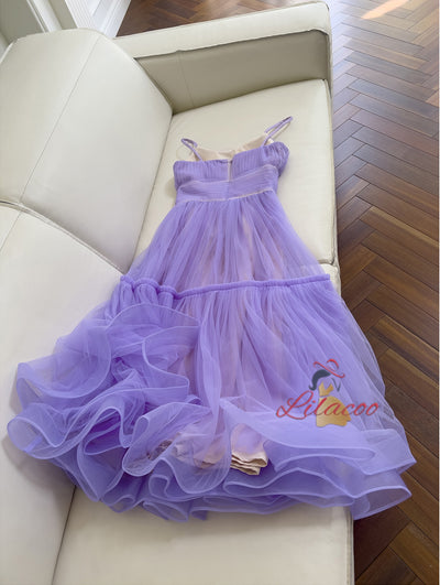 Purple Tulle Straps Pleats Prom Dress