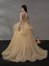 Yellow Tulle Spaghetti Straps Beading Prom Dress