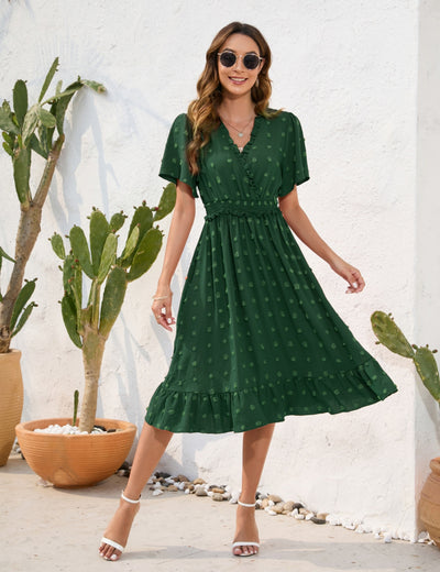 V-neck High Waist Short Sleeve Dress