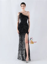 One Shoulder Mermaid Sequins Feather Split Prom Dress