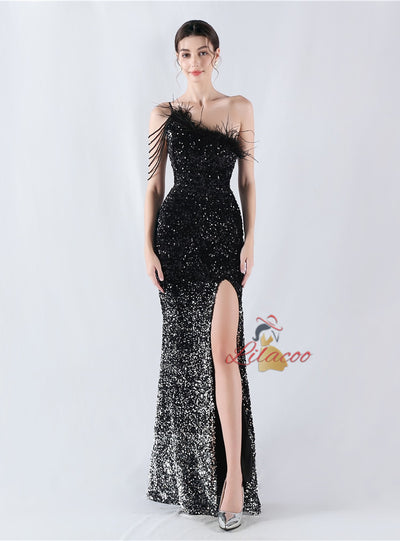 One Shoulder Mermaid Sequins Feather Split Prom Dress