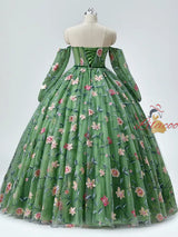 Green Tulle Long Sleeve Embroidery Prom Dress