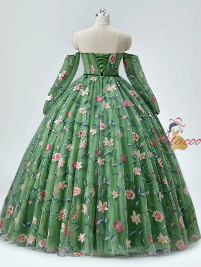 Green Tulle Long Sleeve Embroidery Prom Dress