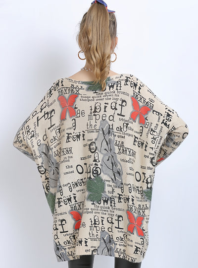 Letter Butterfly Print Loose Bat Sweater