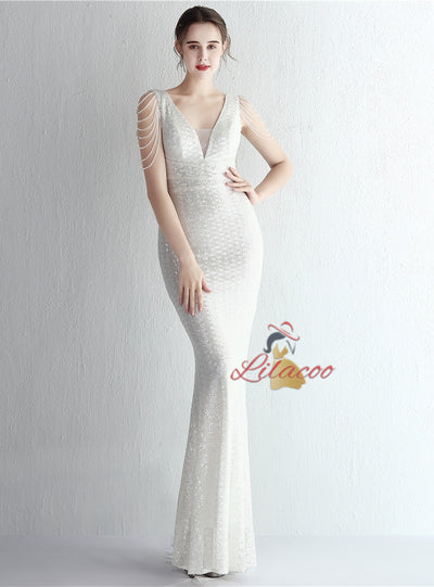 Mermaid Sequins V-neck Beading Prom Dress