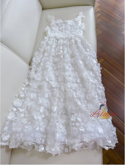 White Tulle Straps 3D Flower Prom Dress
