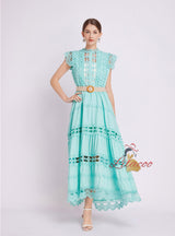 Solid Color Long Stand-up Collar Sleeveless Openwork Dress