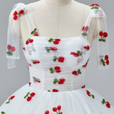 White Tulle Cherry Print Pleats Prom Dress