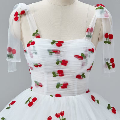 White Tulle Cherry Print Pleats Prom Dress
