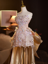 Champagne Sequins Strapless Beading Homecoming Dress